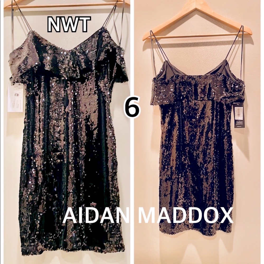 NWT (6) Sleeveless v neck flutter ruffle neckline black sequin shift mini dress